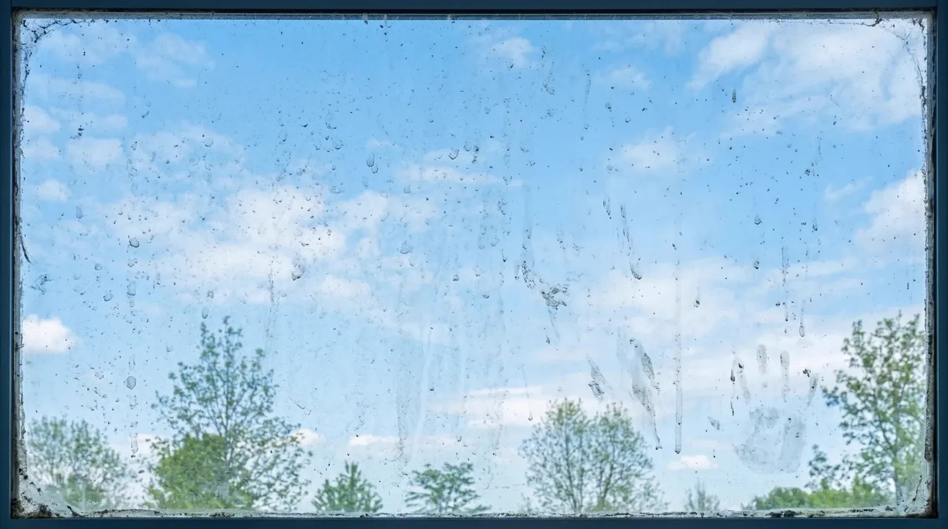 Dirty window covered in grime and water spots